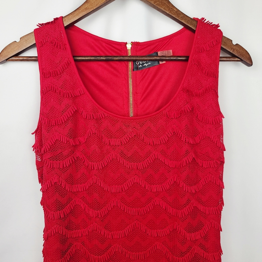 GUESS Red Scalloped Crochet Lace Fringe Cocktail Dress – Size 12 - Picture 5 of 13